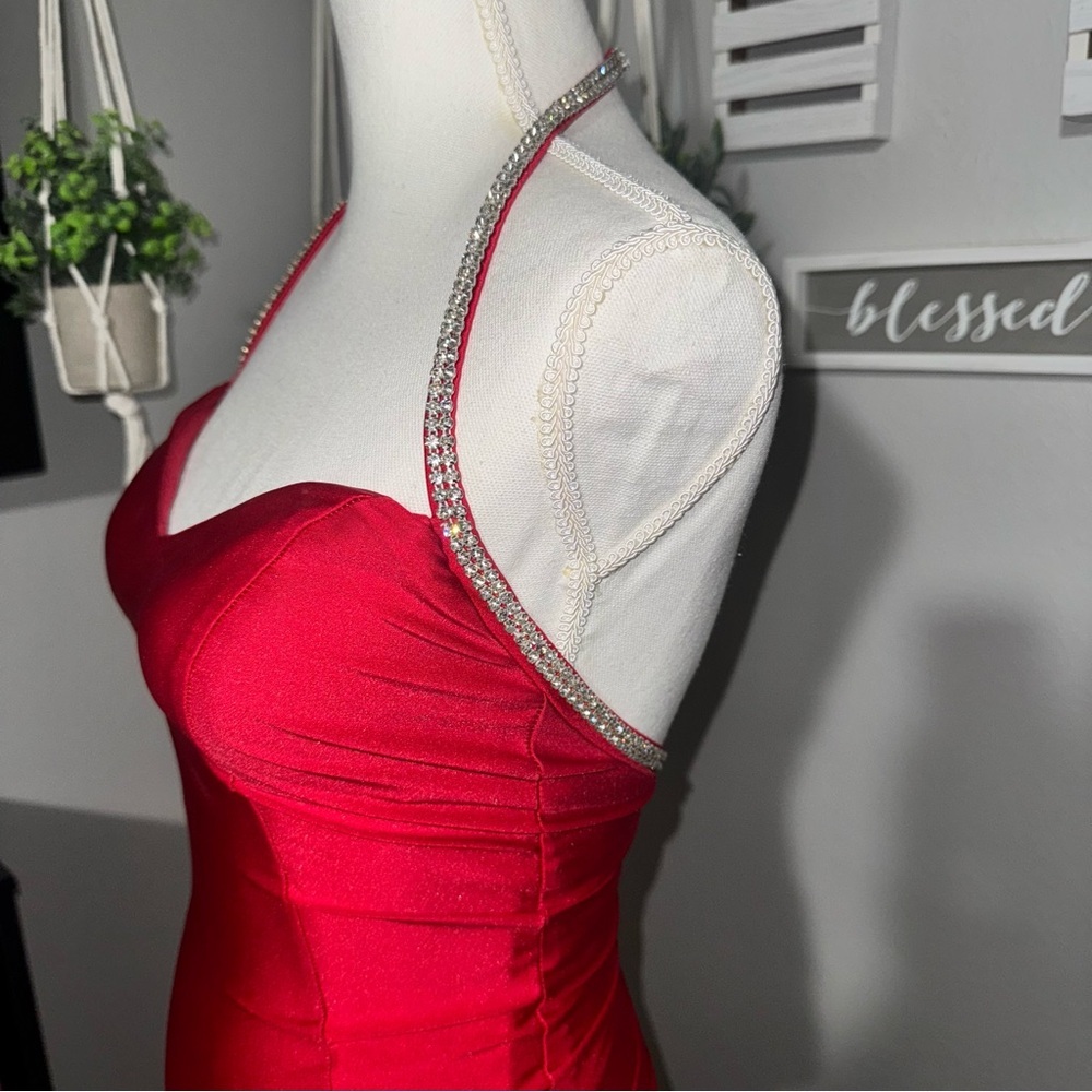 Elegant Floor Length Formal Evening Gown Prom Dress Red Size XS Rhinestones - Picture 3 of 13